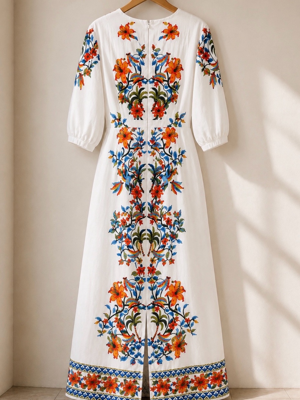 CeCe White Maxi Dress with Orange & Blue Floral Embroidery - Picture 4 of 5
